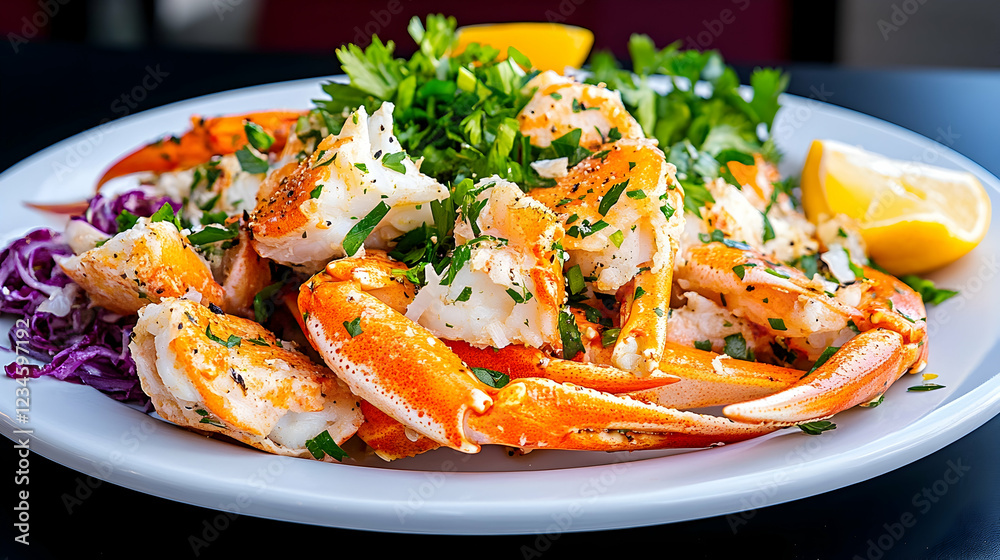Delicious crab legs with herbs and lemon, restaurant setting, side of red cabbage Delicious crab legs with herbs and lemon, restaurant setting, side of red cabbage