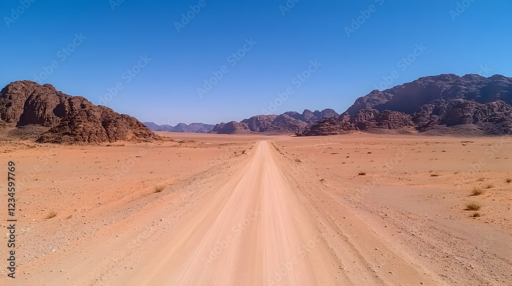Desert road journey, Wadi Rum mountains background, travel adventure Desert road journey, Wadi Rum mountains background, travel adventure