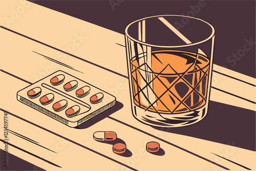 Whiskey glass, amber liquid, cut crystal tumbler, wooden table, pills, medication blister pack, dramatic lighting, shadows, macro photography, high contrast, golden hour, temptation, addiction conc