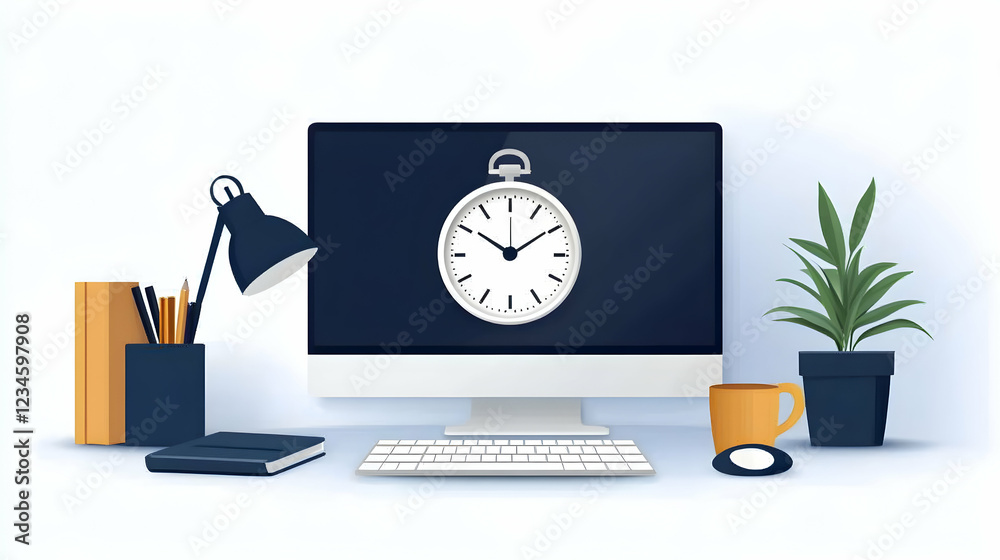 custom made wallpaper toronto digitalDesktop computer showing stopwatch, office workspace, time management concept, productivity illustration