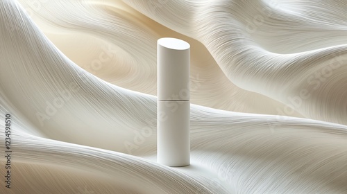 White cosmetic tube on silk waves, studio shot, product mockup