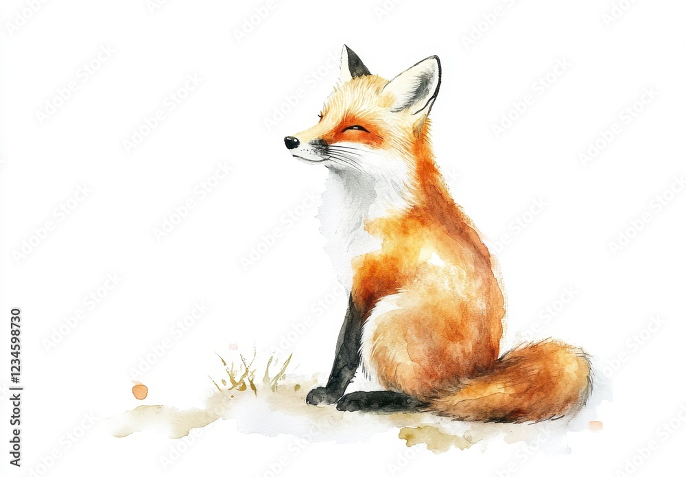 Fototapeta premium Watercolor Illustration of a Sitting Fox in Bright Colors