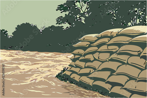 Stacked burlap sandbags, muddy rushing river, flood prevention, lush green forest background, shallow depth of field, earthy tones, environmental crisis, natural disaster preparedness, close-up pho