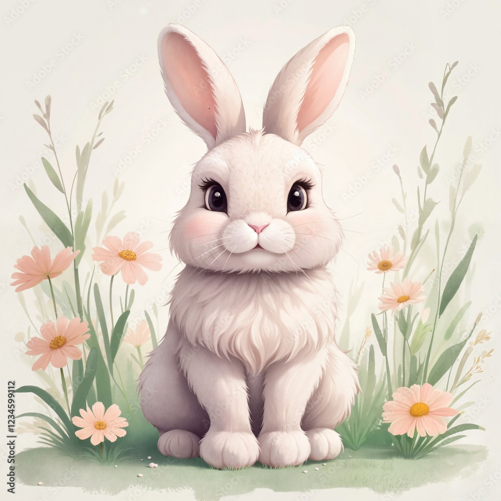 Obraz premium Cute Fluffy White Bunny with a Gentle Expression Sitting on Grass with Pastel Flowers, Minimalistic Background