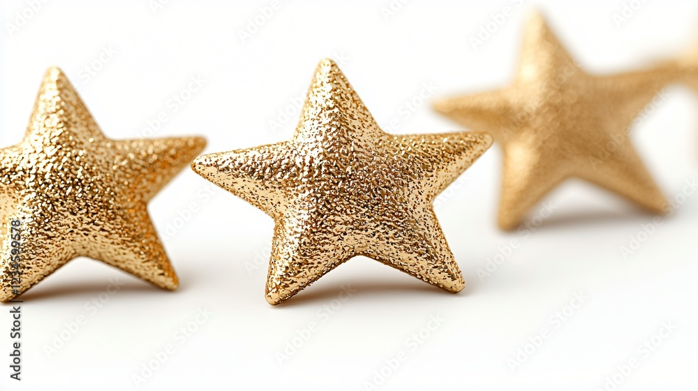 Three Golden Stars Sparkle Against Clean White Background Simple Elegant Festive Decoration. Three Golden Stars Sparkle Against Clean White Background Simple Elegant Festive Decoration.