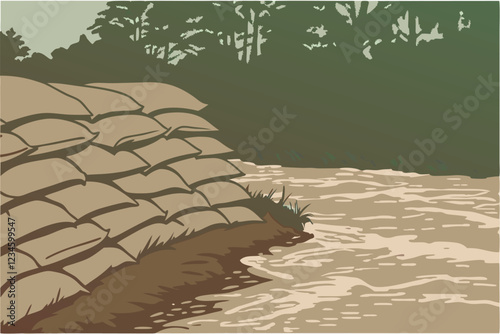Stacked burlap sandbags, muddy rushing river, flood prevention, lush green forest background, shallow depth of field, earthy tones, environmental crisis, natural disaster preparedness, close-up pho