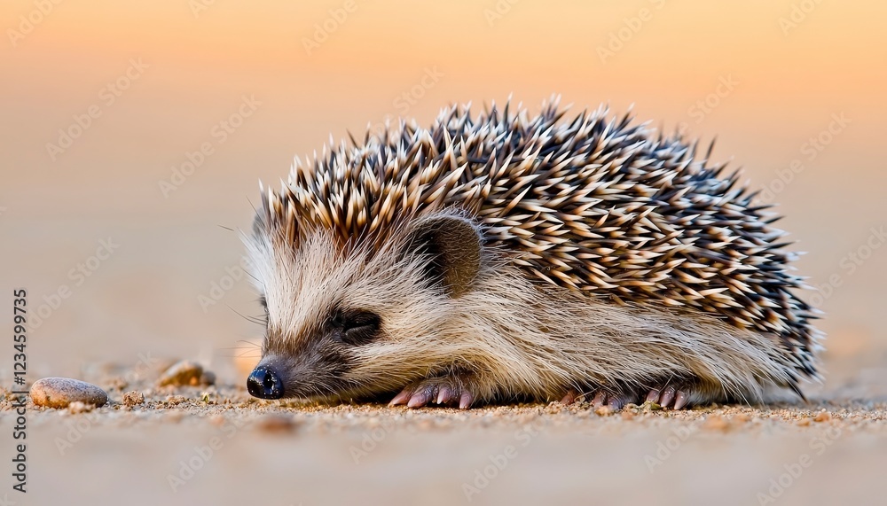 Fototapeta premium Cute Hedgehog Resting on a Sandy Surface at Sunset Glow