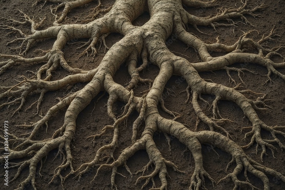 Fototapeta premium Gnarled Tree Roots Intertwined Across Earthy Soil