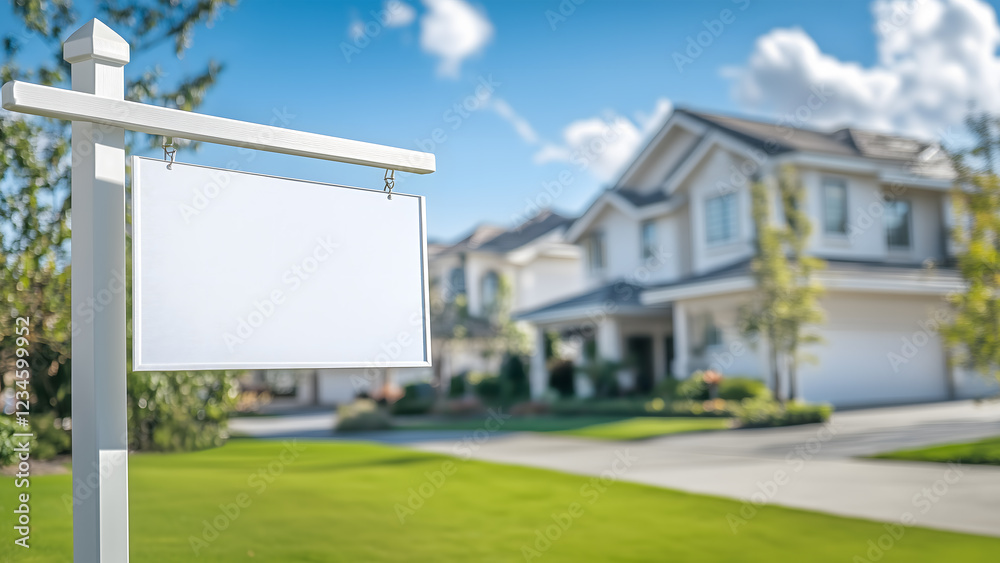 Obraz premium Empty sign in front of a beautiful house - House for sale and real estate concept