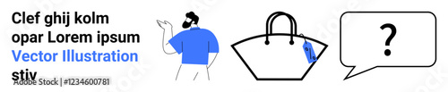 Man in blue shirt gesturing towards handbag with hanging tag and question mark in speech bubble. Ideal for shopping, e-commerce, customer queries, product choice, decision-making, communication, flat