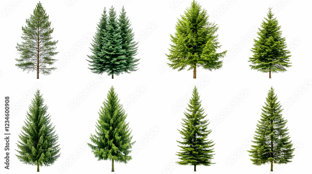Eight evergreen trees, isolated on white background, for landscaping design Eight evergreen trees, isolated on white background, for landscaping design