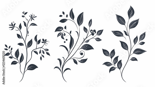 Elegant floral design elements; leaves, branches, flowers; white background; for design projects