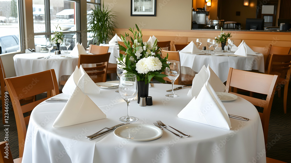Elegant restaurant dining room, tables set for lunch or dinner, windows show city view, background includes cafe area. Use Restaurant marketing Elegant restaurant dining room, tables set for lunch or dinner, windows show city view, background includes cafe area. Use Restaurant marketing