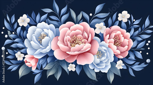 Elegant pink and blue peonies floral arrangement, dark background, wedding invitation design