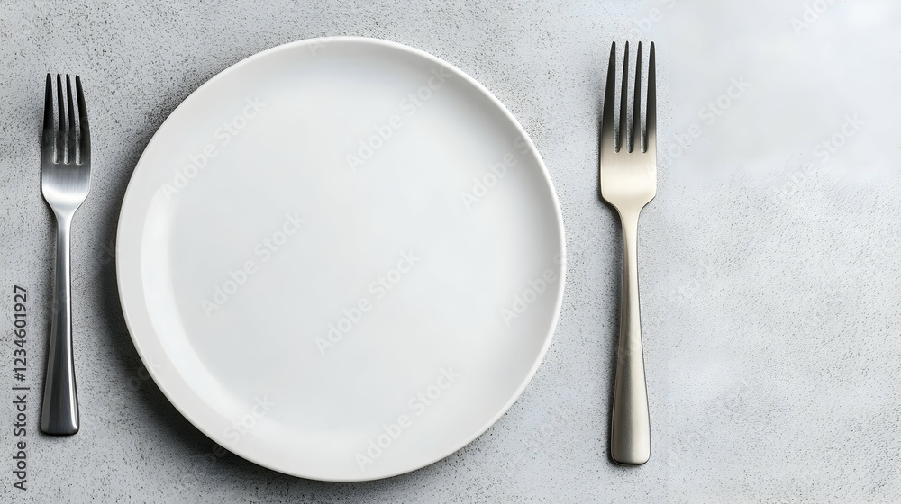 Empty plate, cutlery, table setting, grey background, food photography Empty plate, cutlery, table setting, grey background, food photography