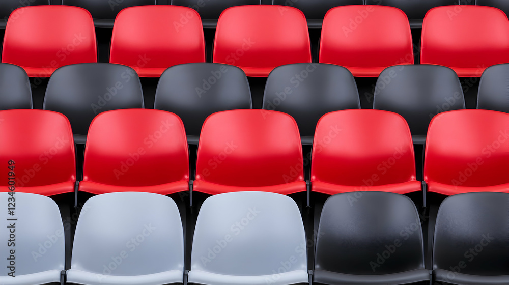 Naklejka premium Empty stadium seats; red, black, and grey plastic chairs; rows of seating; event preparation; stock photo for sports or event websites