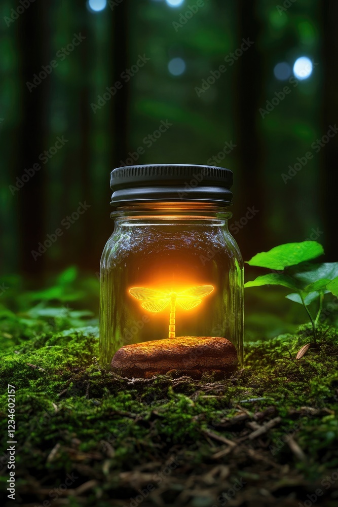 Illuminated nature jar enchanted forest artistic photography lush greenery close-up view symbolizing life Illuminated nature jar enchanted forest artistic photography lush greenery close-up view symbolizing life