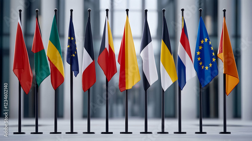 EU flags displayed outside modern building, international cooperation, diplomacy