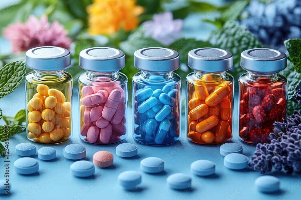 Colorful pills in glass vials arranged on a blue surface surrounded by flowers and leaves Colorful pills in glass vials arranged on a blue surface surrounded by flowers and leaves