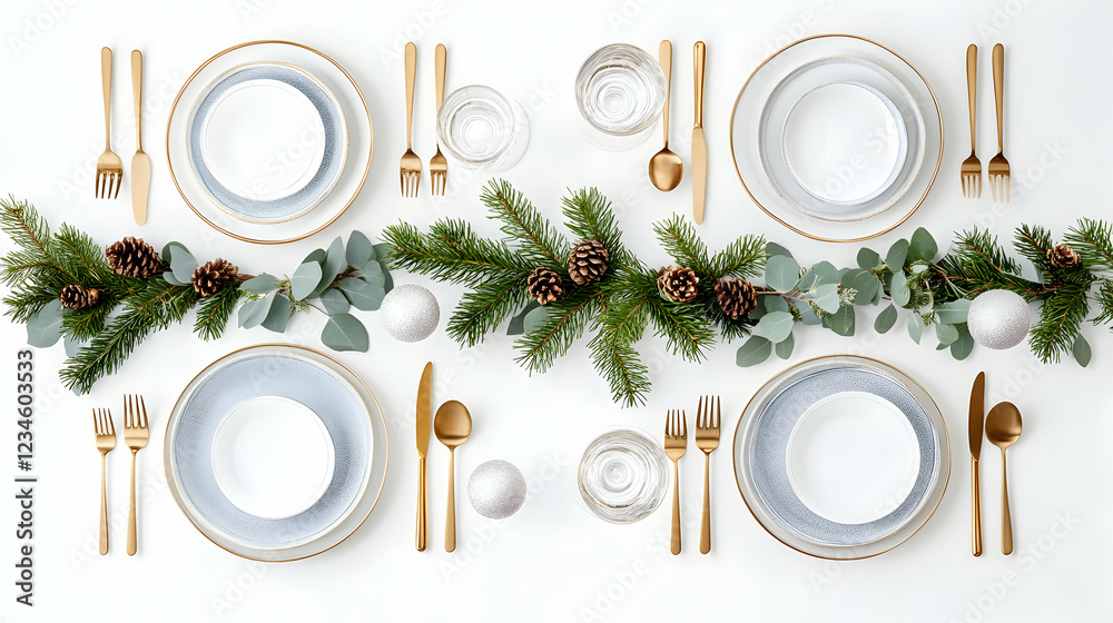 Festive Christmas table setting, elegant dinnerware, gold cutlery, evergreen garland, white background; ideal for holiday cards Festive Christmas table setting, elegant dinnerware, gold cutlery, evergreen garland, white background; ideal for holiday cards