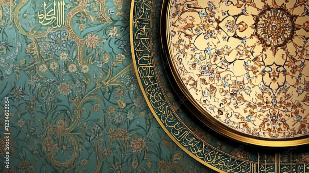 stunning traditional ottoman calligraphy and arabesque pattern art with intricate gold leaf designs for islamic wall decor in rich teal background