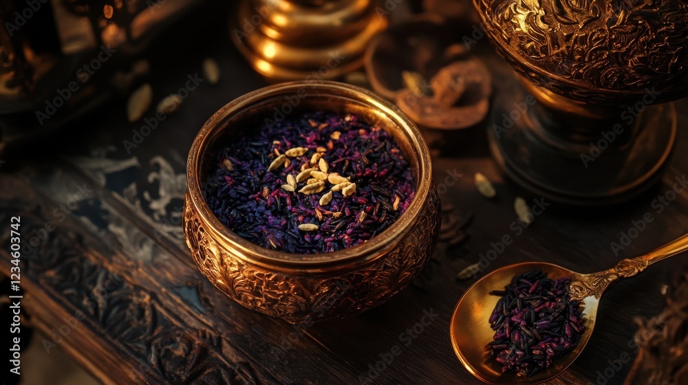 Close-up of black rice kheer in a decorative bowl with a hint of cardamom and a golden spoon beside it. Close-up of black rice kheer in a decorative bowl with a hint of cardamom and a golden spoon beside it.