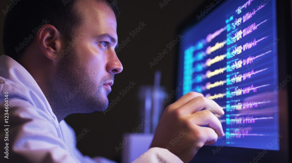 Focused Male Programmer Analyzing Data on Computer Screen Late Night Focused Male Programmer Analyzing Data on Computer Screen Late Night