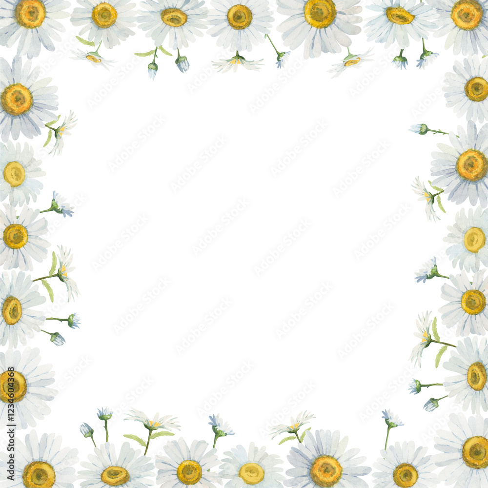 Delicate floral frame of white daisies. Hand-drawn with watercolors. Perfect for wedding invitations, greeting cards, business cards. Delicate floral frame of white daisies. Hand-drawn with watercolors. Perfect for wedding invitations, greeting cards, business cards.