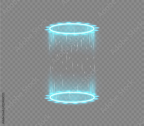Magic Fantasy Portal, Futuristic Teleport, Glowing Light Effect, Blue Energy Rays, Night Scene, Sparkling Particles, Sci-Fi Vortex, Transparent Background, Mystic Gate, Neon Swirl, Digital Vector Glow