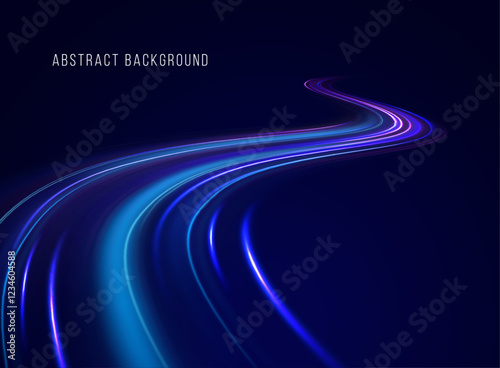 Horizontal speed lines connection vector background. Futuristic dynamic motion technology blue glowing lines air flow effect.  Racing cars dynamic flash effects city road with long exposure. 