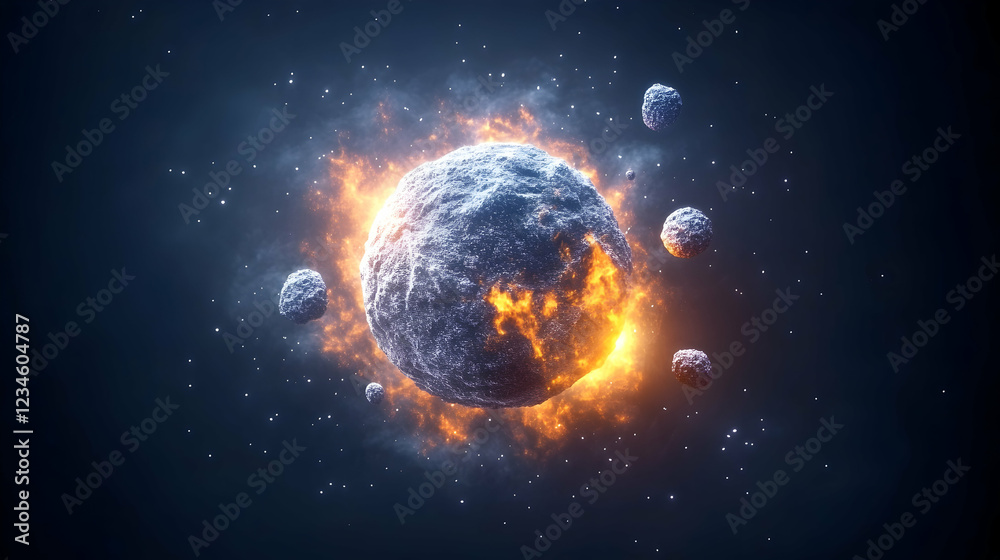 Obraz premium Fiery asteroid collision in space, cosmic explosion background, science fiction illustration