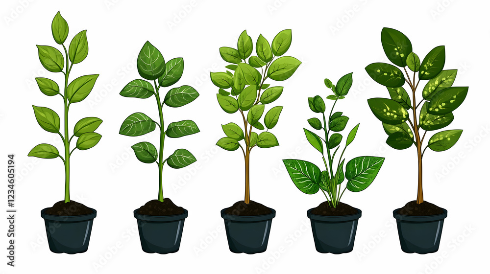 Obraz premium Five potted plants growth stages, white background, gardening infographic