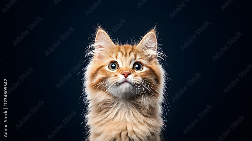 Fluffy ginger kitten looking up, dark background, pet portrait, website banner Fluffy ginger kitten looking up, dark background, pet portrait, website banner