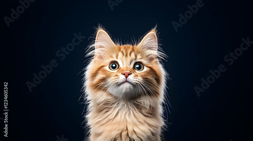 Fluffy ginger kitten looking up, dark background, pet portrait, website banner