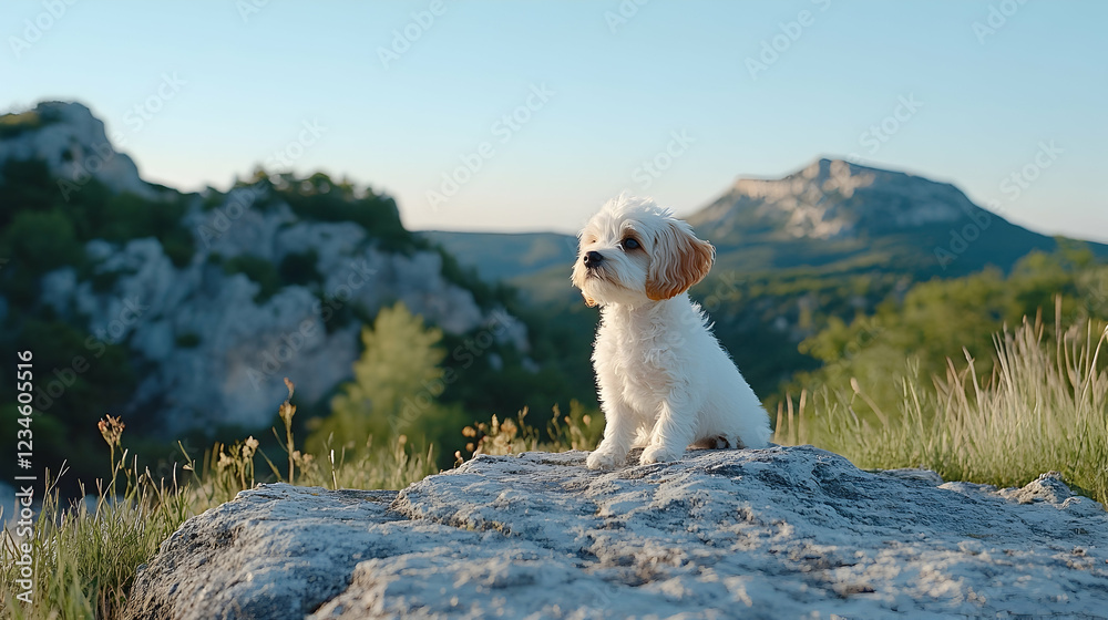 Fluffy puppy sits on mountain rock, scenic view, adventure, pet photography Fluffy puppy sits on mountain rock, scenic view, adventure, pet photography