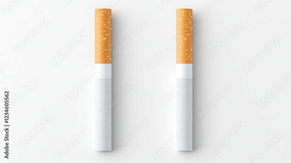 Two cigarettes lying on a plain white background with no other objects or distractions present in the image Two cigarettes lying on a plain white background with no other objects or distractions present in the image