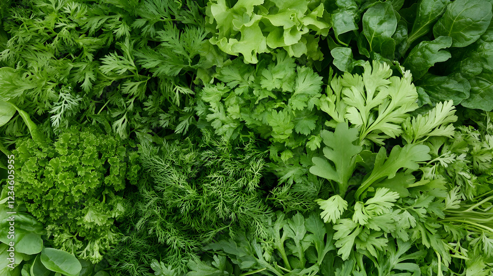 Fresh green herbs and leafy vegetables background.  Culinary ingredients for healthy cooking