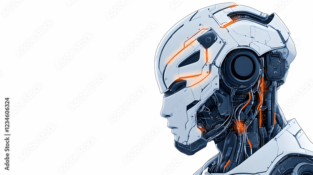 Futuristic robot head profile, white background, technological advancement, AI concept Futuristic robot head profile, white background, technological advancement, AI concept