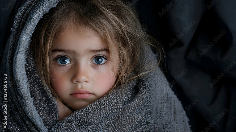 Girl, wrapped in blanket, indoor, serious expression, dark background Girl, wrapped in blanket, indoor, serious expression, dark background