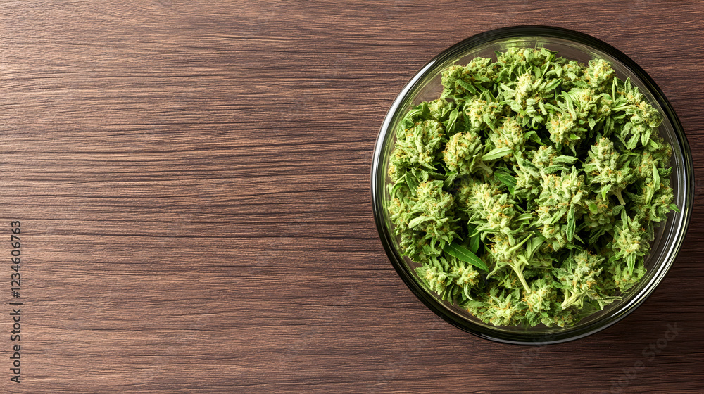 Glass bowl of cannabis buds on wood table. High-angle shot, copy space. For medical or recreational use articles Glass bowl of cannabis buds on wood table. High-angle shot, copy space. For medical or recreational use articles