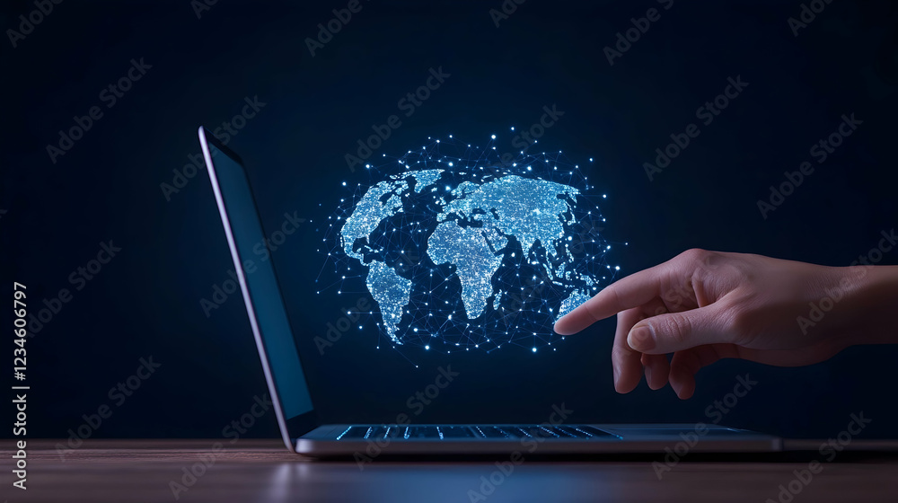 Global network connection, hand interacting with digital world map on laptop screen, dark background, for technology or internet concept Global network connection, hand interacting with digital world map on laptop screen, dark background, for technology or internet concept