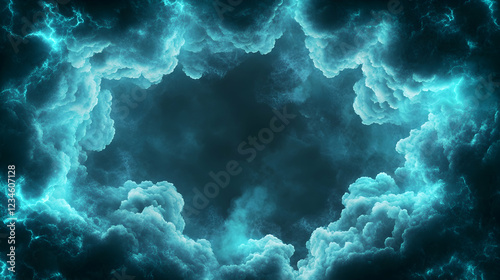 Glowing cyan clouds frame dark night sky; abstract background for fantasy, sci-fi, or mystical designs