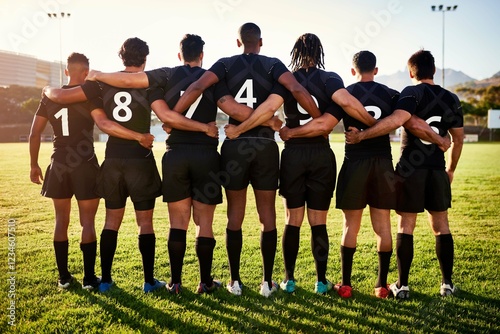 Men, back or rugby team standing in stadium for sports game, group or challenge on field together. Professional, ready or legs of players in line or row for respect, unity or tournament competition
