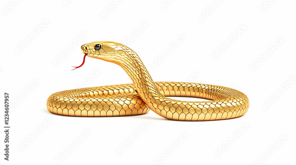 Fototapeta premium Golden cobra snake coiled, isolated on white background. Perfect for mythology, fantasy, or luxury designs