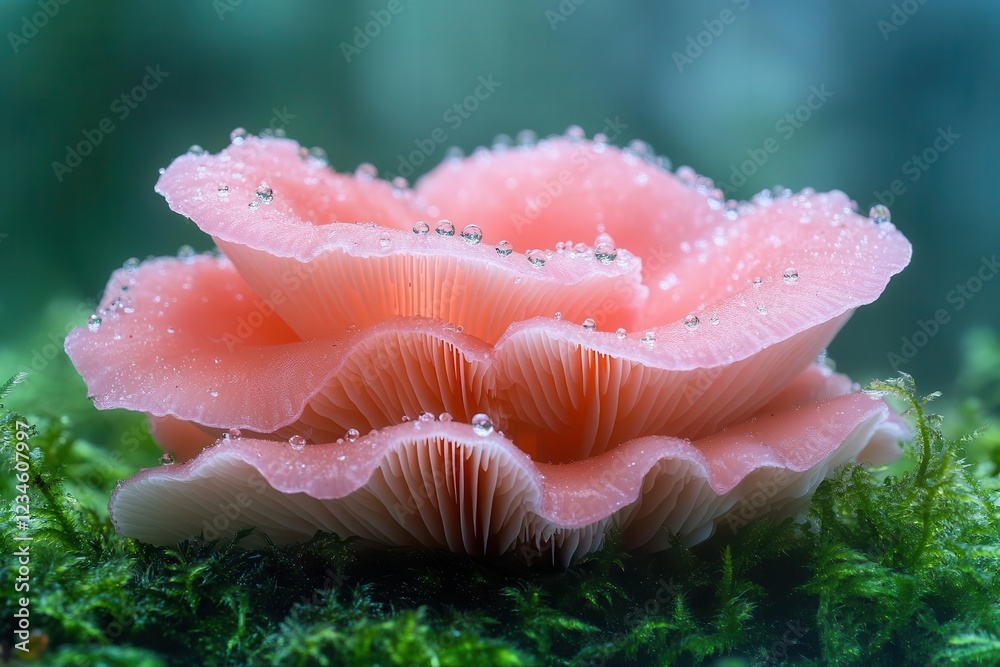 ethereal pink oyster mushroom glowing in morning fog, adorned with crystalline dewdrops, nestled in emerald moss, macro photography ethereal pink oyster mushroom glowing in morning fog, adorned with crystalline dewdrops, nestled in emerald moss, macro photography