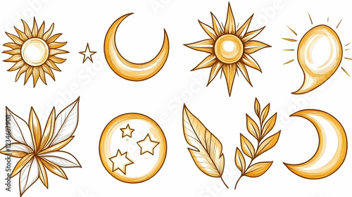 Golden celestial and botanical illustrations; design elements for websites or prints