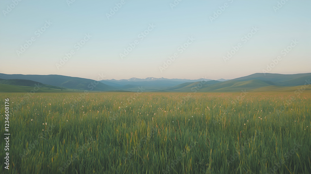 Serene sunset over vast green field, distant mountains Serene sunset over vast green field, distant mountains