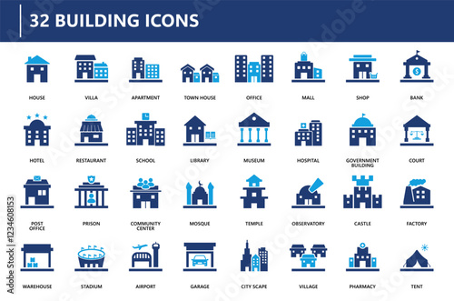 building icon set with various architectural structures, including offices, houses, malls, and government buildings. Vector icon design.