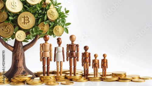 People handling money and coins in a pile representing wealth and financial growth photo