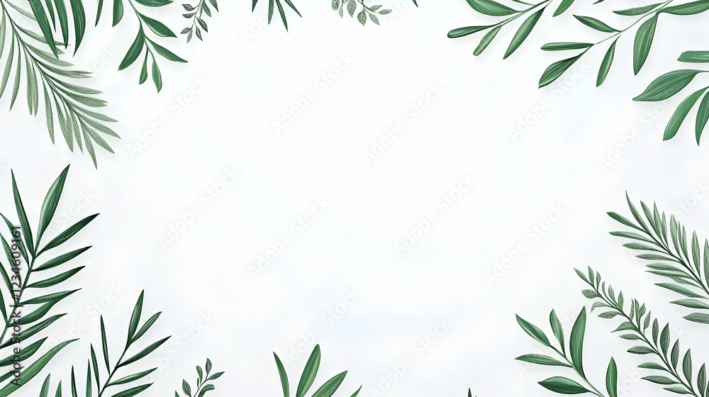 Naklejka premium Green leaves frame on white background; nature border design for invitation, website, or social media post